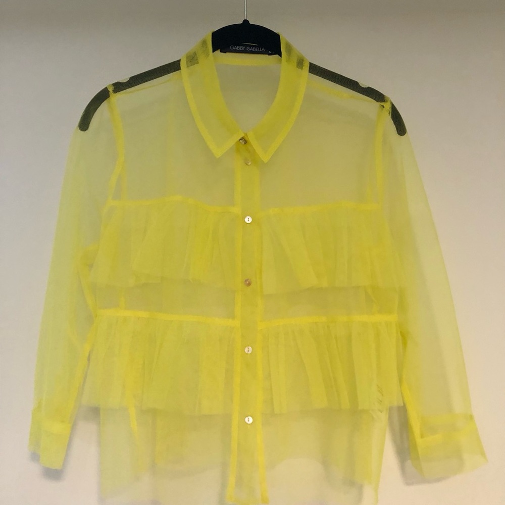 Gabby Isabella Sheer Ruffle Button-Down Blouse - Yellow